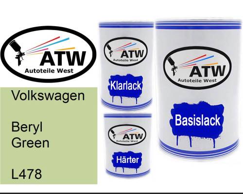 Volkswagen, Beryl Green, L478: 500ml Lackdose + 500ml Klarlack + 250ml Härter - Set, von ATW Autoteile West.